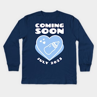 Coming soon. July 2023 birthday. Baby Announcement. Feeding Bottle Kids Long Sleeve T-Shirt